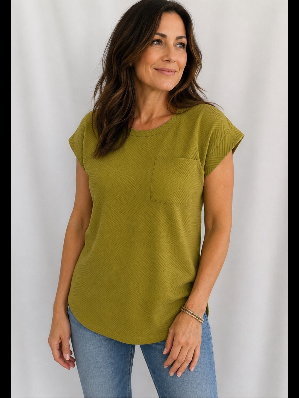 entro Olive Geometric Textured Mini Dress. Chest and Side Pockets